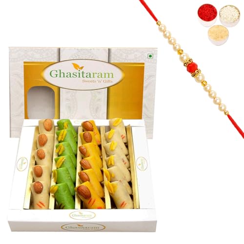 Ghasitaram Gifts Rakhi Gifts for Brothers Sugarfree Assorted Rolls Box 400 GMS with Beads Rakhi von Ghasitaram Gifts