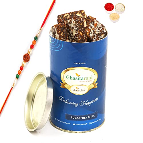 Ghasitaram Gifts Rakhi Gifts for Brothers Sugarfree Bites Can with Rudraksh Rakhi von Ghasitaram Gifts