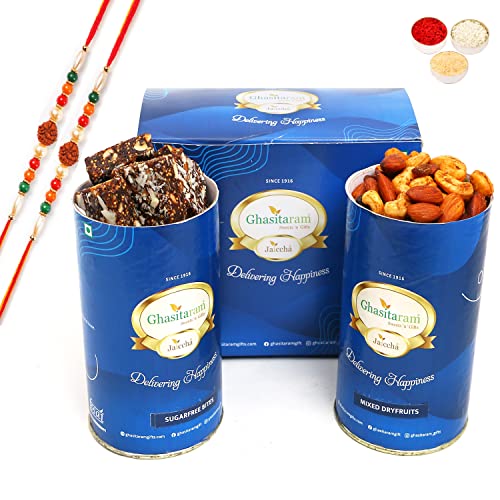 Ghasitaram Gifts Rakhi Gifts for Brothers Sugarfree Bites and Mix Dryfruits Cans with 2 Rudraksh Rakhis von Ghasitaram Gifts