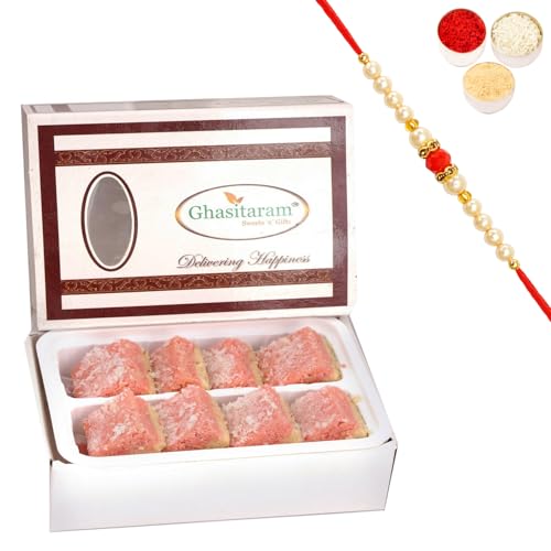 Ghasitaram Gifts Rakhi Gifts for Brothers Sugarfree Mawa Coconut Barfi 200 GMS with Beads Rakhi von Ghasitaram Gifts