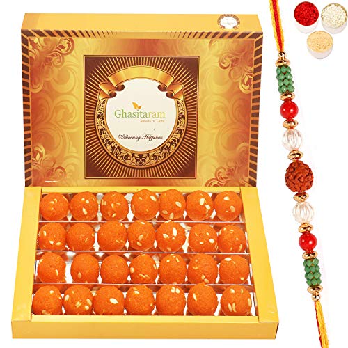 Ghasitaram Gifts Rakhi Gifts for Brothers Sugarfree Motichoor Ladoo Box 800 GMS with Beads Rakhi von Ghasitaram Gifts