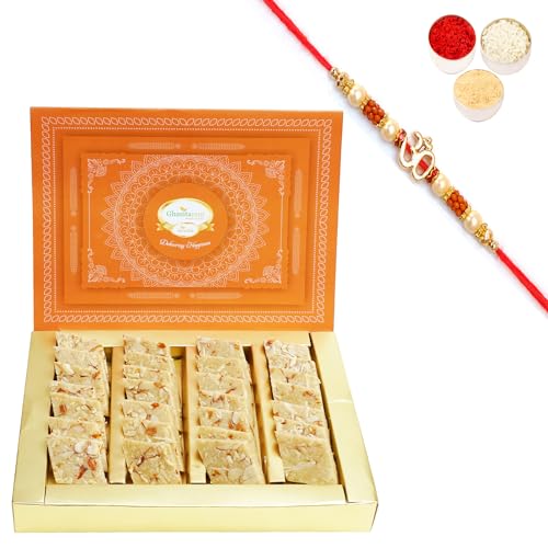 Ghasitaram Gifts Rakhi Gifts for Brothers Sugarfree Pure Kaju Katlis Box 400 GMS with Om Rakhi von Ghasitaram Gifts