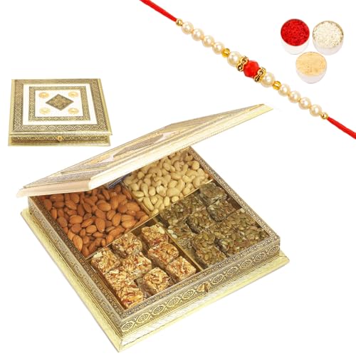 Ghasitaram Gifts Rakhi Gifts for Brothers White Gold Big BH- 1018 Minakari Cashews, Almonds, Sugarfree Bites and Pumpkin Seeds Bites Box 800 GMS with Beads Rakhi von Ghasitaram Gifts