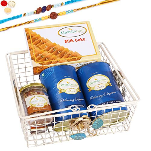 Ghasitaram Gifts Rakhi Gifts for Brothers White Metal Basket of 2 cans of dryfruits, Mukhwas and Milk Cake with 2 Blue Rudraksh Rakhis von Ghasitaram Gifts