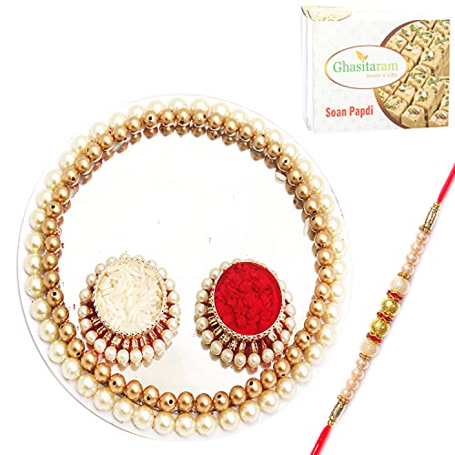 Ghasitaram Gifts Rakhi Gifts for Brothers White Pearl Pooja Thali with Pearl Rakhi with 200 GMS of Soan Papdi von Ghasitaram Gifts