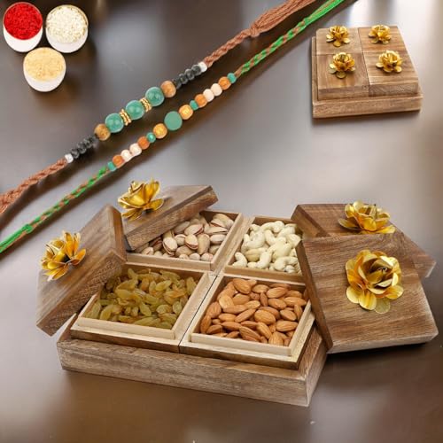 Ghasitaram Gifts Rakhi Gifts for Brothers Wooden 4 Dryfruits Box with 2 Green Beads Rakhis von Ghasitaram Gifts