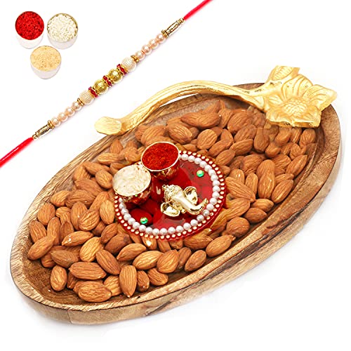 Ghasitaram Gifts Rakhi Gifts for Brothers Wooden Almond Platter with Mini Pooja Thali with Pearl Rakhi von Ghasitaram Gifts