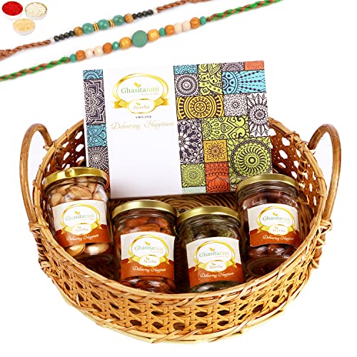 Ghasitaram Gifts Rakhi Gifts for Brothers Wooden Cane Round Basket of 4 Assorted Nuts and Assorted Bites with 2 Green Beads Rakhis von Ghasitaram Gifts