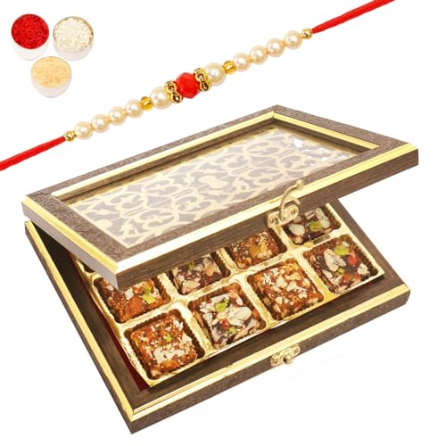 Ghasitaram Gifts Rakhi Gifts for Brothers Wooden Lazer 12 pcs Sugarfree Bites Box with Beads Rakhi von Ghasitaram Gifts