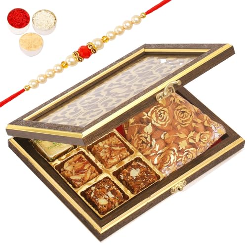 Ghasitaram Gifts Rakhi Gifts for Brothers Wooden Lazer 6 pcs Sugarfree Bites Box and Almonds Pouch with Beads Rakhi von Ghasitaram Gifts