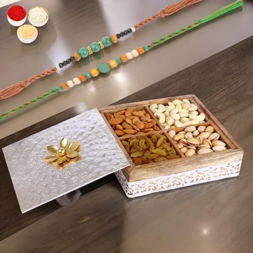 Ghasitaram Gifts Rakhi Gifts for Brothers Wooden Metal Box of 4 Dryfruits with 2 Green Beads Rakhis von Ghasitaram Gifts