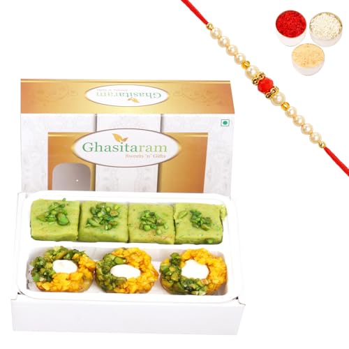 Ghasitaram Gifts Rakhi for Brother Assorted Box of Pista Barfi, Kesar Pista Delight, Choco Boat and Besan Barfi (200 gm) with Pearl Rakhi von Ghasitaram Gifts