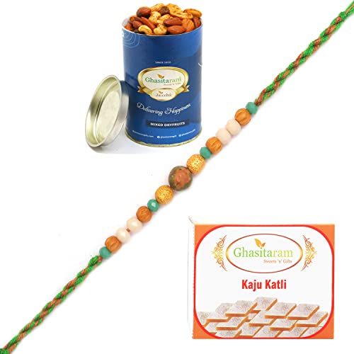 Ghasitaram Gifts Rakhi for Brother Rakhis Online - 1890 Fancy Thread Rakhi with 100 gms of Dryfruits Mix Can 200 gms of Kaju katli von Ghasitaram Gifts