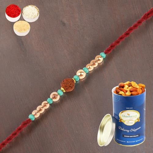 Ghasitaram Gifts Rakhi for Brother Rakhis Online 1903- Rudraksh Rakhi with 100 gms of Dryfruits Mix Can von Ghasitaram Gifts