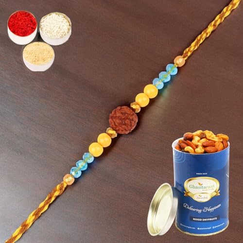 Ghasitaram Gifts Rakhi for Brother Rakhis Online 1906- Rudraksh Rakhi with 100 gms of Dryfruits Mix Can von Ghasitaram Gifts