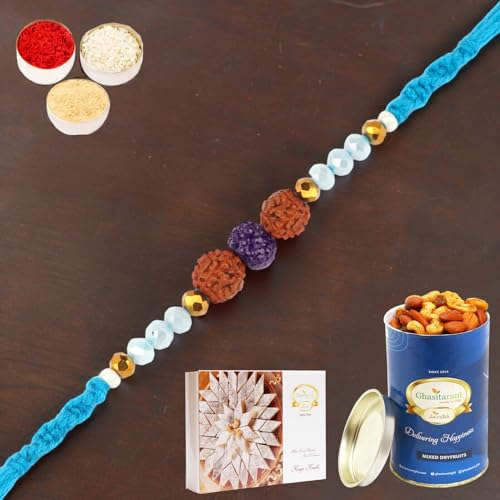 Ghasitaram Gifts Rakhi for Brother Rakhis Online 1907- Rudraksh Rakhi with 100 gms of Dryfruits Mix Can 200 gms of Kaju katli von Ghasitaram Gifts