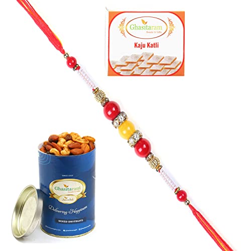 Ghasitaram Gifts Rakhi for Brother Rakhis Online - 2K-266 Fancy Thread Rakhi with 100 gms of Dryfruits Mix Can 200 gms of Kaju katli von Ghasitaram Gifts