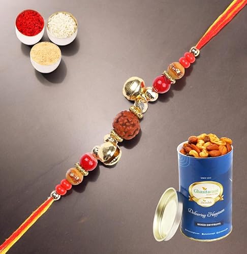 Ghasitaram Gifts Rakhi for Brother Rakhis Online 6208- Rudraksh Rakhi with 100 gms of Dryfruits Mix Can von Ghasitaram Gifts