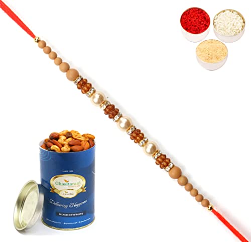 Ghasitaram Gifts Rakhi for Brother Rakhis Online -6299 Pearl Rakhi For my Brother with 100 gms of Dryfruits Mix Can von Ghasitaram Gifts