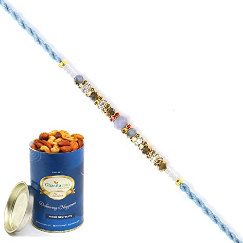 Ghasitaram Gifts Rakhi for Brother Rakhis Online - 6373 Fancy Thread Rakhi with 100 gms of Dryfruits Mix Can von Ghasitaram Gifts