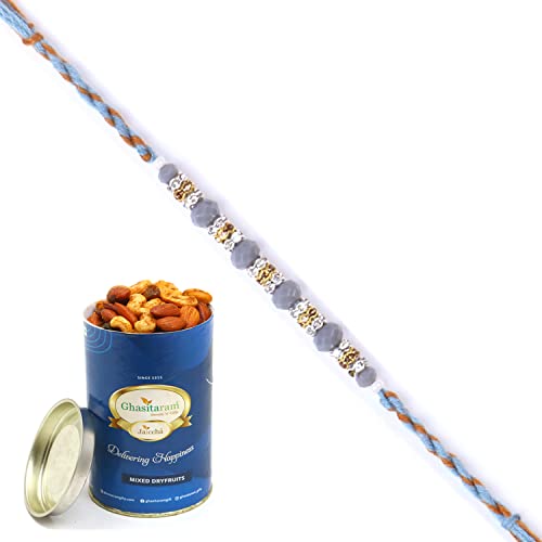 Ghasitaram Gifts Rakhi for Brother Rakhis Online - 6375 Fancy Thread Rakhi with 100 gms of Dryfruits Mix Can von Ghasitaram Gifts