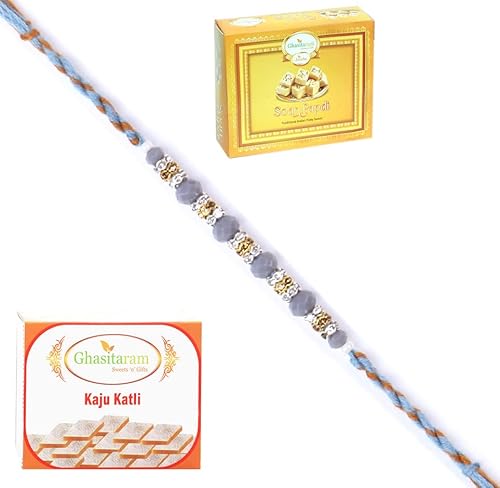 Ghasitaram Gifts Rakhi for Brother Rakhis Online - 6375 Fancy Thread Rakhi with 200 gms of Kaju katli and 200 gms of Soan Papdi von Ghasitaram Gifts