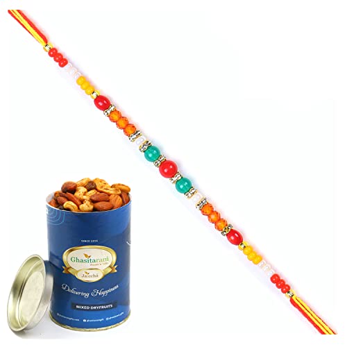 Ghasitaram Gifts Rakhi for Brother Rakhis Online - 6503 Fancy Thread Rakhi with 100 gms of Dryfruits Mix Can von Ghasitaram Gifts