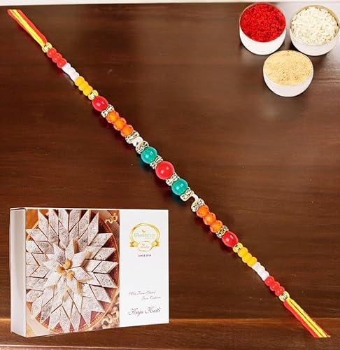 Ghasitaram Gifts Rakhi for Brother Rakhis Online - 6503 Fancy Thread Rakhi with 400 gms of Kaju katli von Ghasitaram Gifts