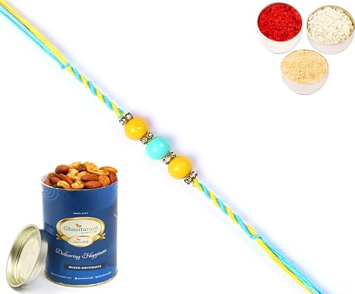 Ghasitaram Gifts Rakhi for Brother Rakhis Online - 6562 Fancy Thread Rakhi with 100 gms of Dryfruits Mix Can von Ghasitaram Gifts