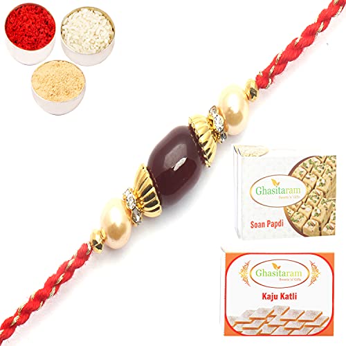 Ghasitaram Gifts Rakhi for Brother Rakhis Online-6794 fancy Thread Rakhi with 200 gms of Kaju katli and 200 gms of Soan Papdi von Ghasitaram Gifts