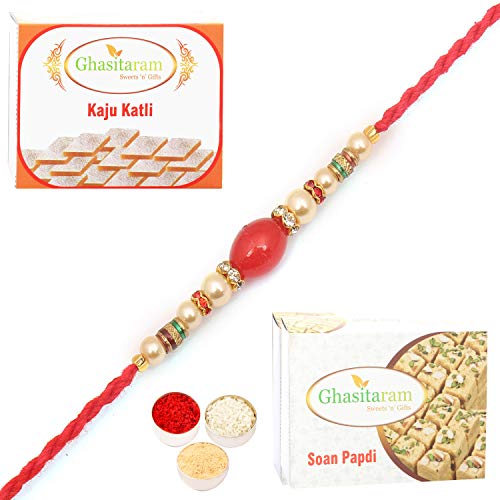 Ghasitaram Gifts Rakhi for Brother Rakhis Online - 6856 Fancy Thread Rakhi with 200 gms of Kaju katli and 200 gms of Soan Papdi von Ghasitaram Gifts