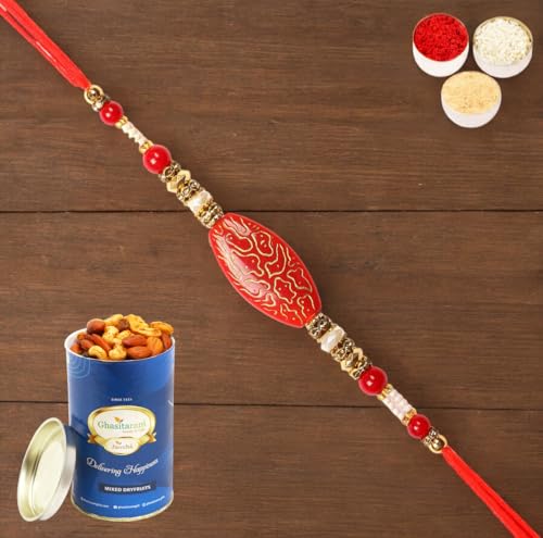 Ghasitaram Gifts Rakhi for Brother Rakhis Online - 7609 Premium Rakhi with 100 gms of Dryfruits Mix Can von Ghasitaram Gifts