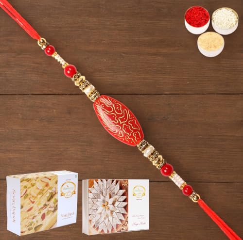 Ghasitaram Gifts Rakhi for Brother Rakhis Online - 7609 Premium Rakhi with 200 gms of Kaju katli and 200 gms of Soan Papdi von Ghasitaram Gifts