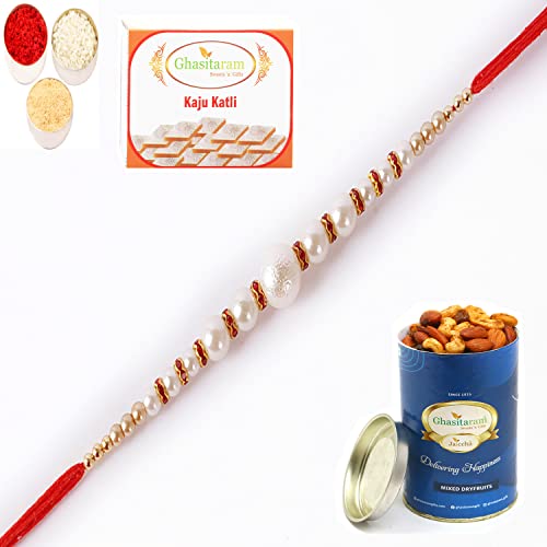 Ghasitaram Gifts Rakhi for Brother Rakhis Online -7736 Pearl Rakhi For my Brother with 100 gms of Dryfruits Mix Can 200 gms of Kaju katli von Ghasitaram Gifts