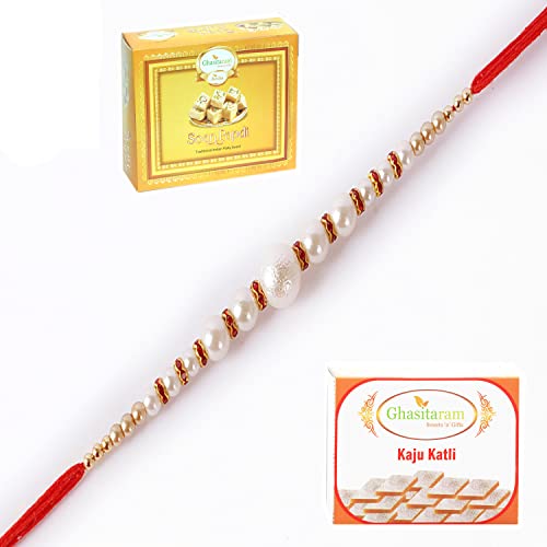 Ghasitaram Gifts Rakhi for Brother Rakhis Online -7736 Pearl Rakhi For my Brother with 200 gms of Kaju katli and 200 gms of Soan Papdi von Ghasitaram Gifts