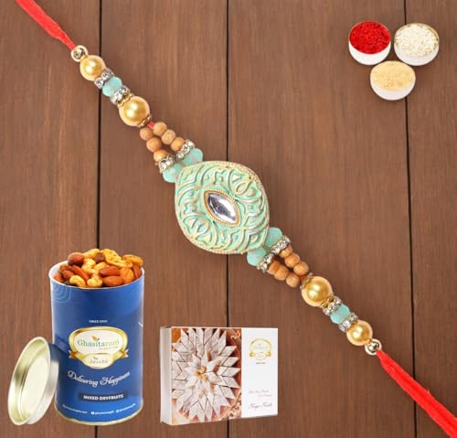 Ghasitaram Gifts Rakhi for Brother Rakhis Online - 8469 Premium Rakhi with 100 gms of Dryfruits Mix Can 200 gms of Kaju katli von Ghasitaram Gifts