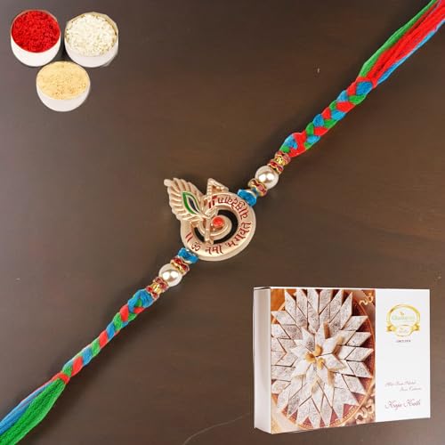 Ghasitaram Gifts Rakhi for Brother Rakhis Online - 8528 Fancy Thread Rakhi with 200 GMS of Kaju katli von Ghasitaram Gifts