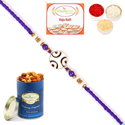 Ghasitaram Gifts Rakhi for Brother Rakhis Online - 8928 Evil Eye Fancy Thread Rakhi with 100 gms of Dryfruits Mix Can 200 gms of Kaju katli von Ghasitaram Gifts