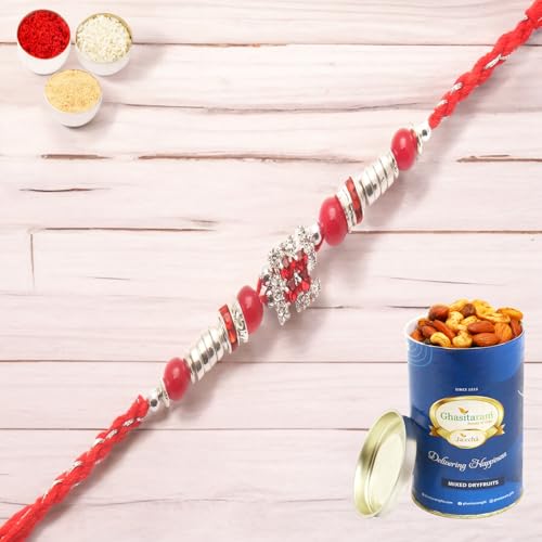 Ghasitaram Gifts Rakhi for Brother Rakhis Online - 8983 Diamond Rakhi with 100 gms of Dryfruits Mix Can von Ghasitaram Gifts