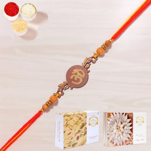 Ghasitaram Gifts Rakhi for Brother Rakhis Online- BW-5410 Wooden Om Rakhi with 200 gms of Kaju katli and 200 gms of Soan Papdi von Ghasitaram Gifts