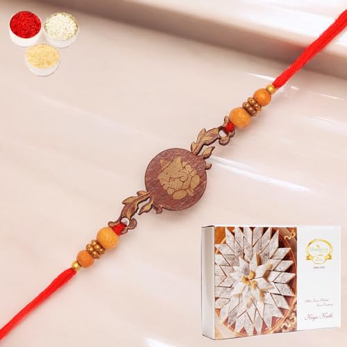 Ghasitaram Gifts Rakhi for Brother Rakhis Online- BW-5414 Wooden Ganesha Rakhi with 200 GMS of Kaju katli von Ghasitaram Gifts