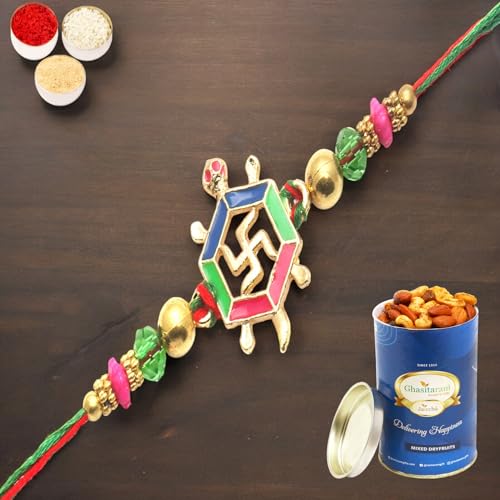 Ghasitaram Gifts Rakhi for Brother Rakhis Online - Blessings of The Divine Power for My Brother Rakhi with 100 GMS of Dryfruits Mix Can von Ghasitaram Gifts