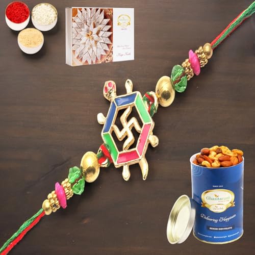 Ghasitaram Gifts Rakhi for Brother Rakhis Online - Blessings of The Divine Power for my Brother Rakhi with 200 gms of Kaju katli with 100 gms of Dryfruits Mix Can 200 gms of Kaju katli von Ghasitaram Gifts