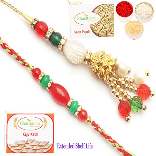 Ghasitaram Gifts Rakhi for Brother Rakhis Online - Dazzling Pearls Bhaiya Bhabhi Rakhi with 200 GMS of Kaju katli and 200 GMS of Soan Papdi von Ghasitaram Gifts