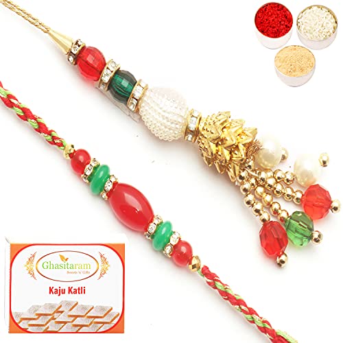 Ghasitaram Gifts Rakhi for Brother Rakhis Online - Dazzling Pearls Bhaiya Bhabhi Rakhi with 200 GMS of Kaju katli von Ghasitaram Gifts