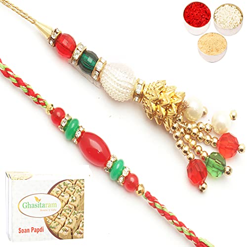 Ghasitaram Gifts Rakhi for Brother Rakhis Online - Dazzling Pearls Bhaiya Bhabhi Rakhi with 200 GMS of Soan Papdi von Ghasitaram Gifts