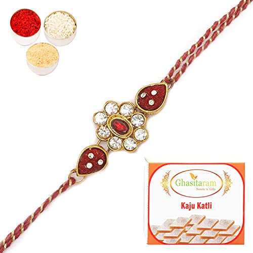 Ghasitaram Gifts Rakhi for Brother Rakhis Online - J-31062 Rose Flower Jewel Rakhi with 400 gms of Kaju katli von Ghasitaram Gifts