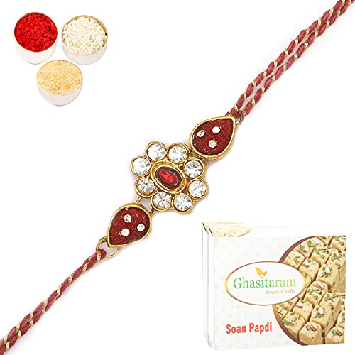 Ghasitaram Gifts Rakhi for Brother Rakhis Online J-31062 Rose Flower Jewel Rakhi with 400 gms of Soan Papdi von Ghasitaram Gifts