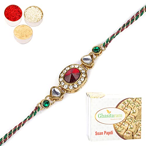 Ghasitaram Gifts Rakhi for Brother Rakhis Online J-33024 Oval Jewel Rakhi with 200 GMS of Soan Papdi von Ghasitaram Gifts