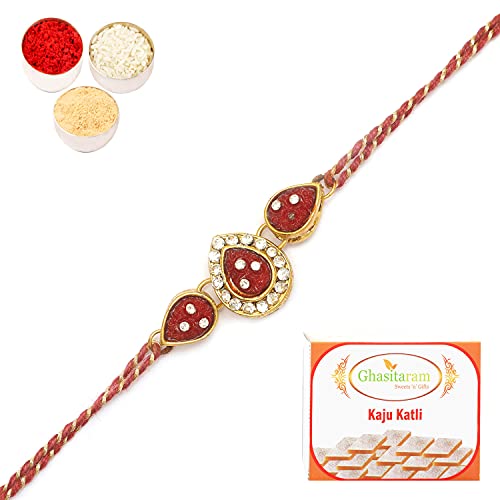 Ghasitaram Gifts Rakhi for Brother Rakhis Online - J-33063 Leaf Rose Jewel Rakhi with 400 gms of Kaju katli von Ghasitaram Gifts